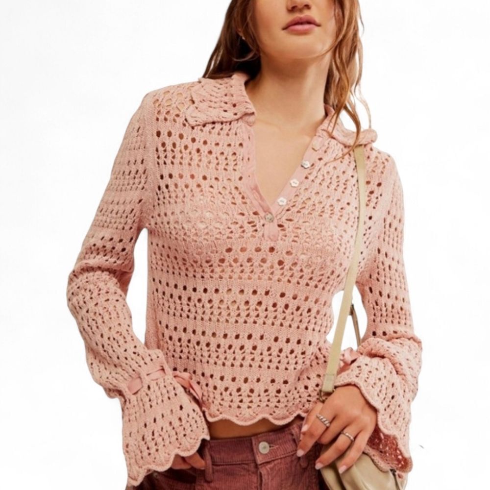 Free People Pointelle Pullover Mauve Rose Pink Crochet Button Up Women's Top NEW